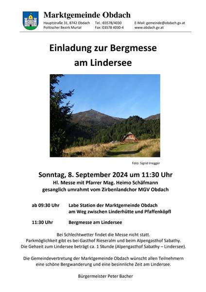  Bergmesse beim Lindersee  Beginn: 11:30 Uhr